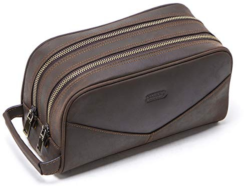 Contacts Homme Trousse de Toilette de Affaires Voyage en Cuir de Vache avec Grande Capacité Double Fermeture Éclair