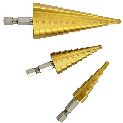 Corintian Broca escalonada HSS con revestimiento TiN, para metal, madera y plástico, broca cónica con escala láser, una broca para muchos diámetros – 4-12 mm de diámetro / 5 niveles