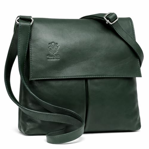LeahWard Womens Double Pocket Messenger Bag Genuine Italian Soft Leather Cross Body Shoulder Bag Handbag (Dark Green)