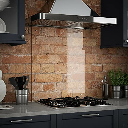 Waterstone Clear Glass Kitchen Splashback Splatter Screen Pre Drilled Holes Wall Hanging Fixings Included (60 x 75cm) - 7 Sizes