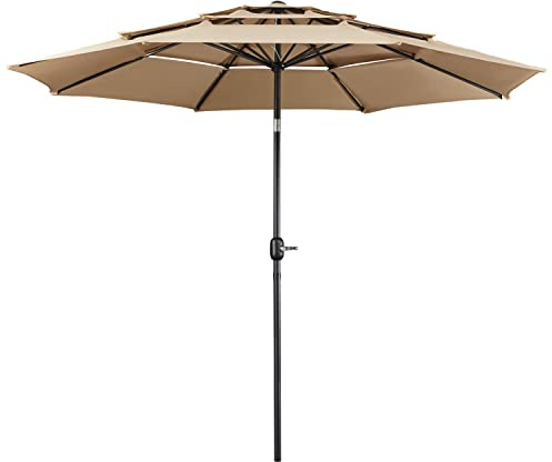 Yaheetech 3.2M 3-Tier Garden Parasol Umbrella Patio Umbrella Outdoor Sun Shade Crank Handle & 8 Metal Ribs for Garden/Backyard/Deck, Tan