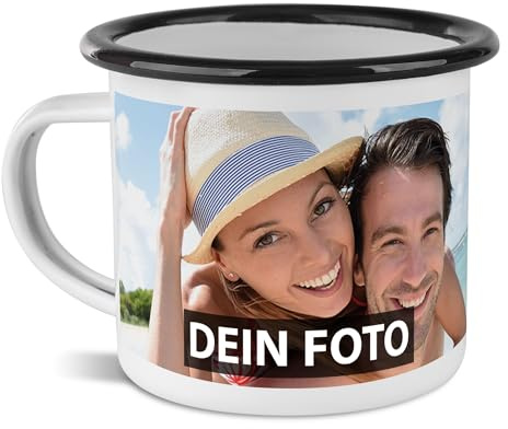 Tasse mit Foto und Text selbst gestalten - Wunschtext, Wunschfoto, Geburtstag, Weihnachten - Emaille Rand Schwarz, 480 ml I Personalisiert