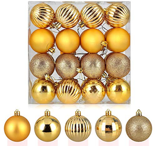 Bolas de Navidad 32pcs 6cm Bolas de Árboles de Navidad en 5 Tipos, Bolas Brillantes Bolas Mate Bolas de Espejo Bolas de Calabaza, Adornos Navideños Decoración Colgante, Dorado