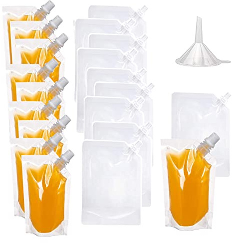 Set di 20 sacchetti per bere in plastica, sacchetto per succo, trasparenti (250 ml), con imbuto per vino, campeggio, viaggi, festival, feste