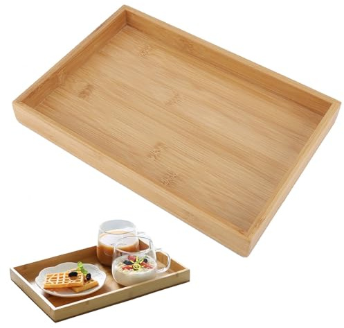 Serviertablett aus Bambus, Rechteckig Holz Griff Tablett Holztablett Bambus-Tablets für Frühstück Tee Couchtisch Dekoratives Butler-Ottoman-Tablett 28 x 19 cm