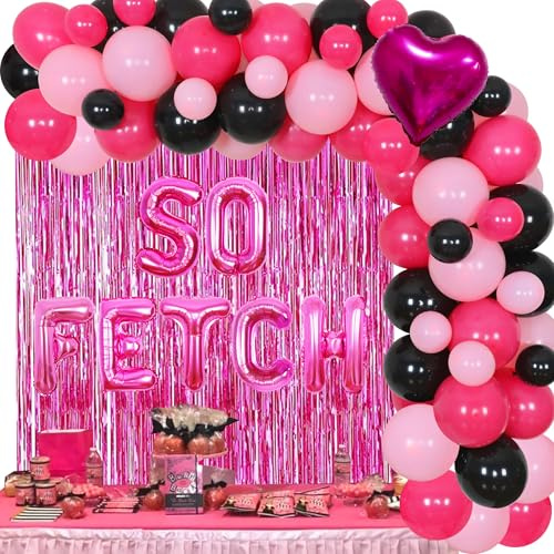 JOYMEMO So Fetch Mean Girls Party Dekorationen - Luftballons Girlande Arch Kit mit Hot Pink Lip Ballon, Herz Folienballon, Lametta Vorhang, Mean Girls Thema Geburtstag Bachelorette Party Supplies