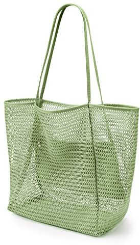 KALIDI Mesh tygväska, 23 L strandväska extra stor tygväska för kvinnor med dragkedja ficka axelväska sommar strandväskor återanvändbar shoppingväska för picknick semester resor livsmedel, gRÖN