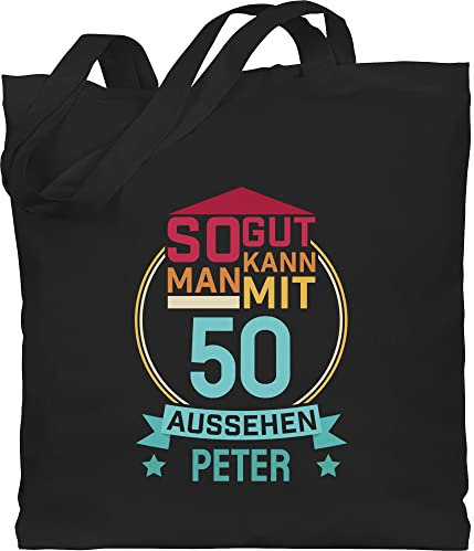 Baumwolltasche - 50. Geburtstag - So gut kann man mit 50 aussehen zum Fünzigsten - rot/blau - Unisize - Schwarz - geschenke tasche fünfziger jahren jutetasche jutesack fünfzigsten jutebeutel