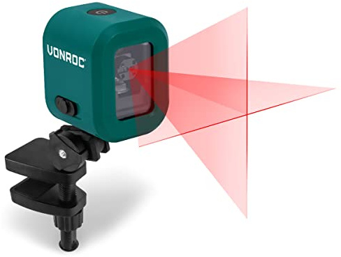 VONROC Livella laser a linee incrociate - Rosso - 4V - 1800mAh - Autolivellante - 10 metri di portata - Include morsetto, cavo USB-C e borsa per attrezzi