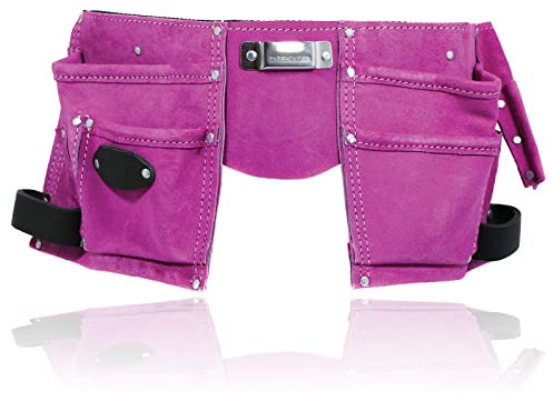 SPARES2GO Gardening Tool Belt Pink Double Leather 11 Pouch Purple Holder Adjustable Suede