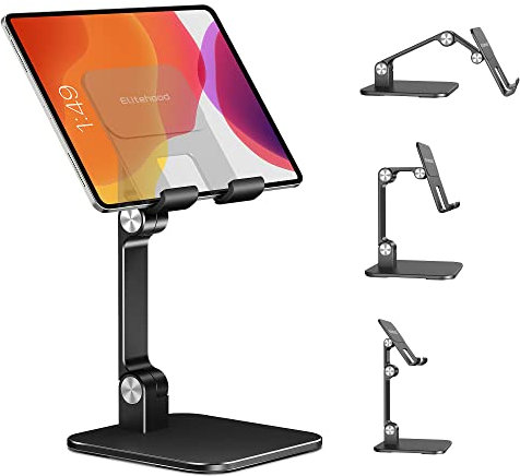 elitehood Höhenverstellbarer Aluminium iPad Ständer, Verstellbare Tablet Halterung für Tisch, Klappbarer Tablet Ständer für iPad Pro 12.9, Air, Mini, Galaxy Tab bis 4-1 Zoll - Schwarz