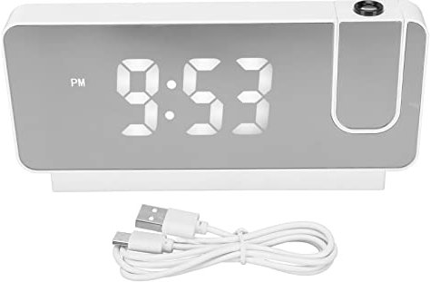 Mokylor Proiezione Sveglia Display Ora Data, Temperatura Interna, Schermo LED HD Grandangolare da 180 Gradi Proiettabile con Porte per Caricabatterie USB Proiettore Sveglia da Comodino(Bianco)