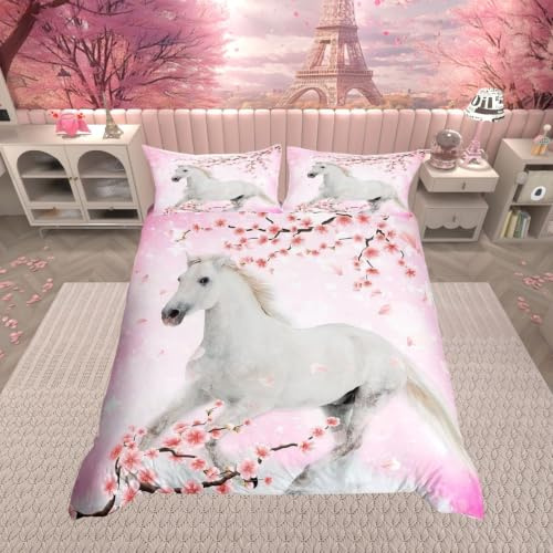 Housse de Couette 200x200 Cheval Pour Garçons Filles Femmes Housse Couette Fleur de Cerisier Rose,Ensemble de Literie Romantique Parure de Lit Cheval Animal Sauvage Fleurs Décor Farmhouse Literie