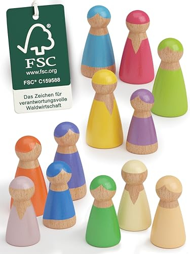 Merle Toys - Regnbågsfärgade träfigurer: Montessori-leksaker för 2 3-åringar, träleksaker för barn, gåva till barnkalas, lekset i trä med 12 färgglada figurer