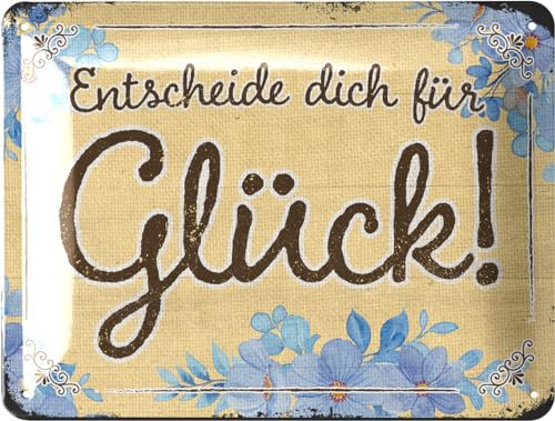 LANOLU Retro Blechschilder Sprüche ENTSCHEIDE DICH FÜR GLÜCK vintage Metallschilder mit Sprüchen als Wanddeko für Küche und Garten - Shabby Chic Deko Farmhouse Geschenk in Holz Optik 15x20cm