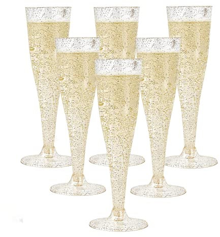 Alihoo Bicchieri da spumante in plastica, 20 pezzi, in plastica, trasparenti, da dessert, da spumante, da 150 ml, matrimoni e feste di doccia, accessori (bicchieri da champagne oro glitter)