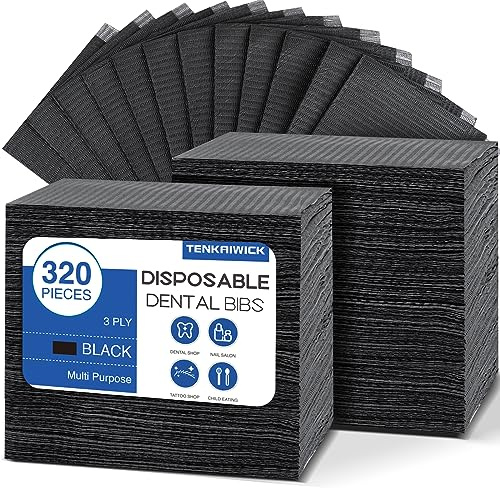 320 Pack Disposable Dental Bibs 13x18, 3-Ply Waterproof Tattoo Bibs Sheet for Nail Salon, Dental Clinic, Feeding, Tattoo Shop (Black)