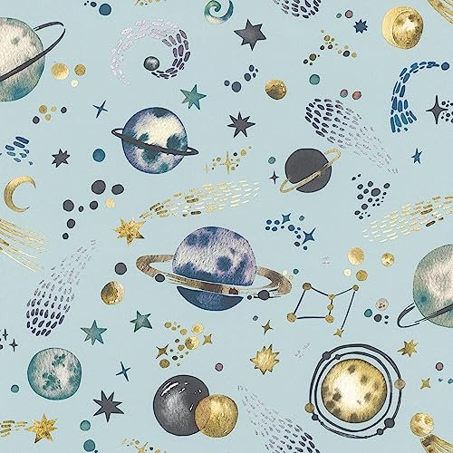 Rasch Papier peint intissé 300949 - Bleu clair - Avec motif espace et planètes - Pour chambre d'enfant - 10,05 x 0,53 m (L x l)