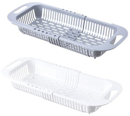 FENGZIZH Adjustable Dish Drainer Dish Rack Over The Sink,Drying Rack, Extendable Vegetable Fruit Washing Basket, Collapsible Strainer Basket,Plastics(Grey+White)