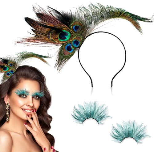 Sunwuun Pfau Kopfschmuck Karneval mit Wimpern Federn,Pfauenfedern Haarschmuck,Künstliche Grün Wimpern Karneval,Kostüm Pfau Damen,Karneval Fasching Maskerade Party Zubehör