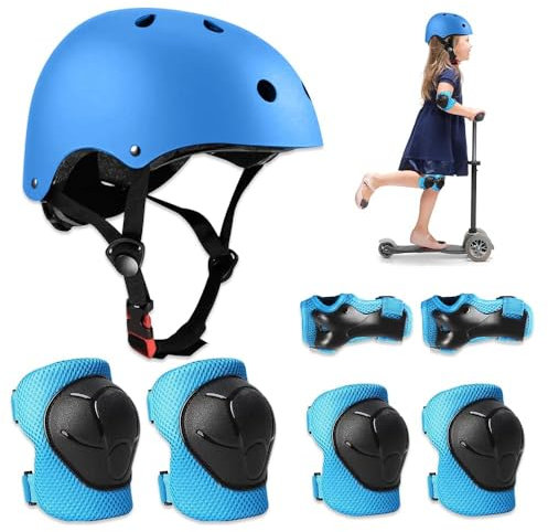 Riisoyu 7-teiliges Schutz-Sets, Schutzausrüstung für Kinder, Knieschützer, Ellenbogenschützer, Handgelenkschoner mit Helm, Fahrrad, Kinder, verstellbar, für Skateboard, Radfahren, Jungen, Mädchen, BL