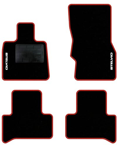 QUEMAR Tappetini Auto per Alfa Romeo Stelvio, Bordo Rosso, 2 Ricami | dal 2016 / Kit Tappeti Moquette e Gomma su Misura / Set 2 Anteriori + 2 Posteriori / Ricami e Colori Personalizzati