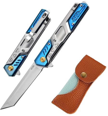 MIMEMY Outdoor Taschenmesser Klappmesser mit M390 Stahl,EDC Survival Messer Taschenclip Glasbrecher Lederhülle,Ultraleicht 150g in Geschenkbox,Camping Wandern Jagdmesser für Männer Frau