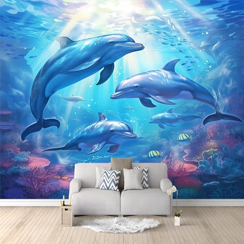 Wall Mural 250 x 175 cm - Underwater Animal Dolphin Design Photo Wallpaper for Boys' Bedroom, Living Room, Playroom, Nursery, Teen Room, Kids' Photo Mural Wall Art