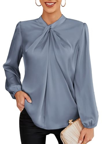 GRACE KARIN Dam elegant långärmad enfärgad blus med knappar V-ringning ledig kontor, Grå, L