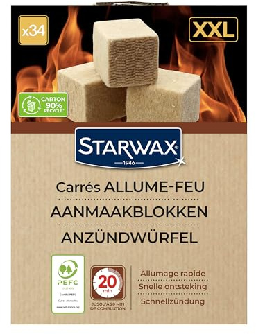 STARWAX – Cubes Allume-feu PEFC – Allumage Rapide et Longue Combustion Jusqu’à 20 Min – sans Odeur – N’altère Pas la saveur des Aliments – pour Barbecue, cheminée, poêle – Lot de 34