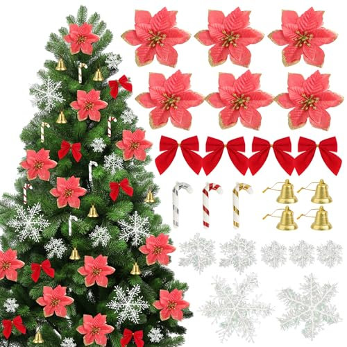 BOFUNX 120pcs Fiori di Natale Glitterati Fiori per Albero di Natale Fiori Artificiali Natale Glitter con Fiocchi Natalizi e Fiocco di Neve Ornamenti Addobbi per Decorazione Natale Capodanno