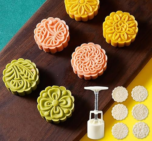 GZKDKZB Mooncake Mould Press With 4/6 Stapms,DIY Cookie Cutter 50g/75g/100g Flower Press Mooncake Mould Hand Pressure Mooncake Baking Tools For Muffin Fondant Cupcake Dessert,Mid-Autumn Festival