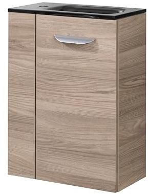 FACKELMANN Luxor Gäste-WC Set 2 Teile – Waschtischunterschrank in Holz Braun mit Waschbecken aus Glas in Anthrazit – SBC Waschbeckenunterschrank schmal – Türanschlag rechts – 45 cm breit