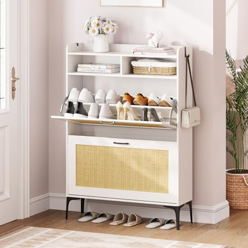 Dripex Schuhschrank weiß, Schuhkipper mit Rattan-Dekor, mit 2 Flip-Schubladen,Schuhregal schmal mit Metallfüßen für den Eingang, Flur und Wohnzimmer, 80x24x114cm