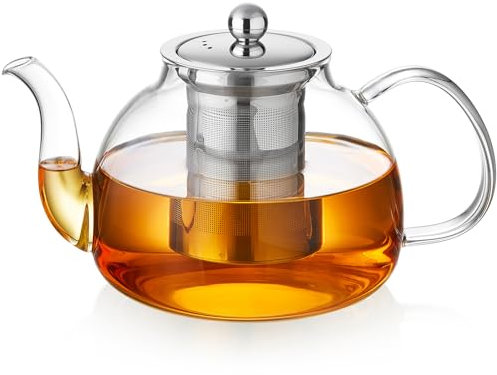 MESNEY 40oz (1200ml) Glass Teapot with Infuser – Stovetop Safe Heat-Resistant Borosilicate Tea Pot Infuser for Loose Tea, Microwave & Dishwasher Safe