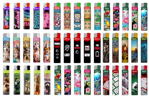 Mechero Electrónico Recargable con Llama Ajustable - Juego de 50 mecheros de Diseños y Colores Variados, Se sirven Juegos 5 Dibujos Aletorios por 10 Unidades de Cada (50 Unds).