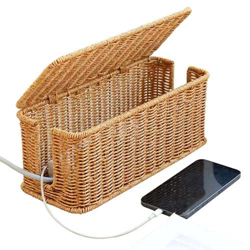 Rattan Kabel Organizer Box, Handgemachte Kabelbox mit Deckel, Organizer Box zum Verstecken von Steckdosenleisten und Kabel für Tv und Computer, für Büro, Haus (Braun)