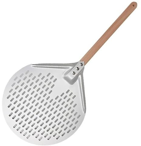 YATINGZHANG Pelle Pizza Pelle à Pizza Ronde de 12/14 Pouces en Aluminium anodisé Dur perforé avec Manche en Bois Pelle à Pizza for Four Maison Pelle A Pizza(14inch)