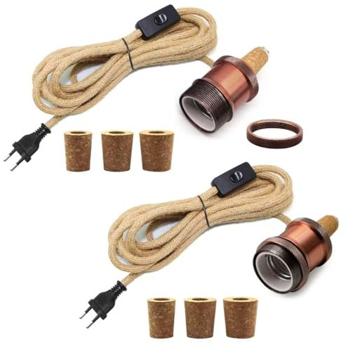 2PCS Kit Lampe Bouteille, Douille E27 avec 240CM Corde de Chanvre Câble, Support Lampe Bouteille, 3 Bouchons Souples, Adaptateur Bouteille pour Douille de Lampe, Peut DIY Abat Jour, Rouge