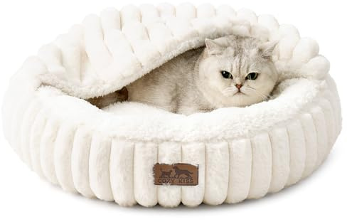 COZY KISS Lit pour Chat et Petit Chien avec Couverture 50x50x15cm - Panier Lavable d’Intérieur, Coussin-Canapé Rond Antidérapant, Douillet et Apaisant avec Repose-Tête en Fausse Fourrure, Crème