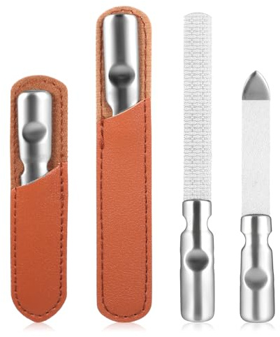 2PCS Metal Nail File, Heavy Duty Double Sided Metal Nail File with Leather Storage Case, Professional Stainless Steel Manicure Diamond Nails Files for Filing, Polishing, Buffing