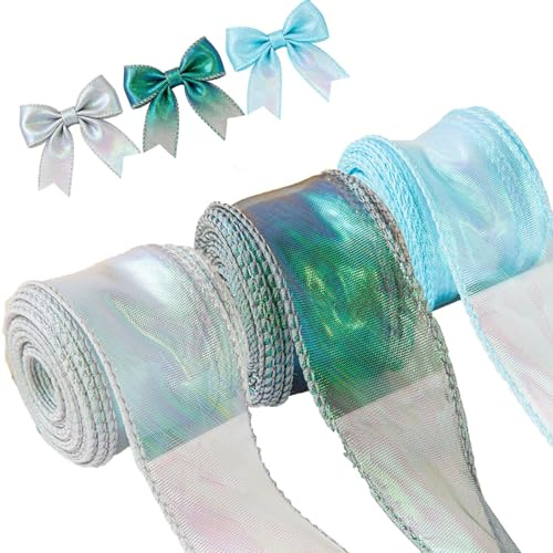 GIUSOBG 3 Rollen Irisierendes Organzaband, 40mm×9m Chiffonband | Schleifenband aus Polyester, Breites Geschenkband Breit und Seidenband für Hochzeit, Geschenkverpackung (Silber, Grün, Blau)