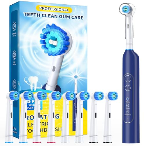 Rotating Electric Toothbrush for Adults with 8 Brush Heads, Sensitive Gum Care Electric Toothbrush with 3 Modes and 2 Min Smart Timer, Rechargeable Last 45 Days (Nightblue, Rotating)