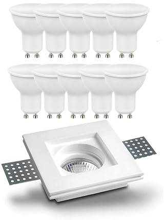 Kit Illuminazione Completo: 10 Lampadine LED GU10 10 W 4000 K Luce Naturale + 10 Portafaretti Incasso Slim in Gesso Ceramico Quadrati o Rotondi (Portafaretto Quadrato)