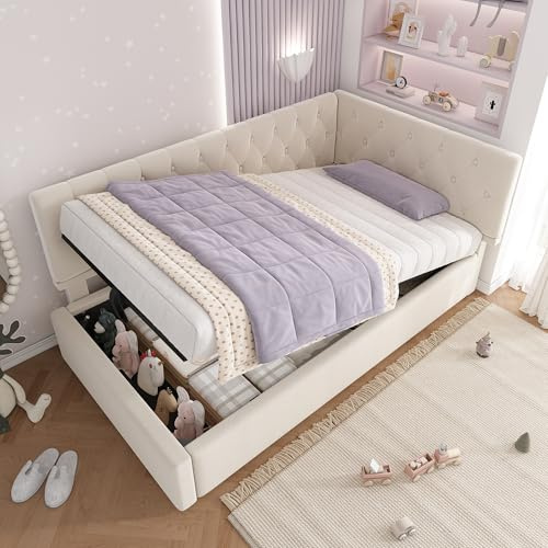 EINHOM Tagesbett Schlafsofa 90x200cm, Kinderbett Jugendbett mit hydraulischem Stauraum, Daybett Bettgestell mit Lattenrost aus Holz, Samt, Beige, Ohne Matratze (Beige)