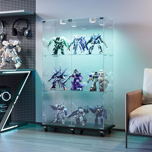 QMTXBYJ Glasvitrine Standvitrine mit LED-Klopflicht und 6 Lenkrollen,124x78.5x35 cm,3 Lagen Glas Vitrine mit 2 Türen und Schloss,Glasvitrine Stehend Sammlervitrine Vitrinenschrank aus Gehärtetes Glas