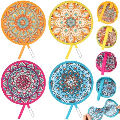 Gulfmew 4 Stück Faltbarer Runder Handfächer Mandala-Stil Faltbarer Tragbarer Fächer für Frauen Sommer Festival Hochzeit Party Dekoration Geschenke Büro