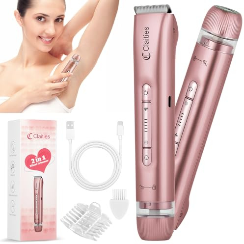 2 in 1 Women Electric Shaver Dual Head Bikini Trimmer for Women IPX7 Waterproof Wet & Dry Use Body Hair Trimmer and Facial Hair Remover for Bikini Underarm Leg Arm Body Face（Rose Gold）