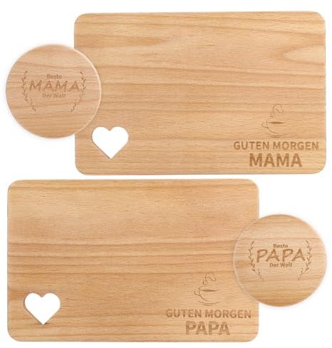 Mama und Papa Geschenke Frühstücksbrettchen Weihnachtsgeschenke für Eltern Frühstücksbrettchen, Personalisierte Geschenkidee Holz mit Gravur Set, Frühstücksbrett mit Untersetzern