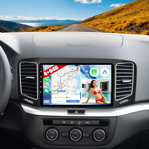CAMECHO 4G+64G Android 15 Autoradio für VW Sharan II 7N Seat Alhambra II 2012-2015 mit Navi Carplay Android Auto,9-Zoll Bildschirm Doppel Din Autoradio mit Bluetooth RDS 32EQ DSP Mirror Link
